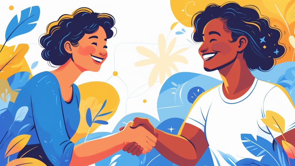 2人女性が握手して微笑みあっている様子のイラスト